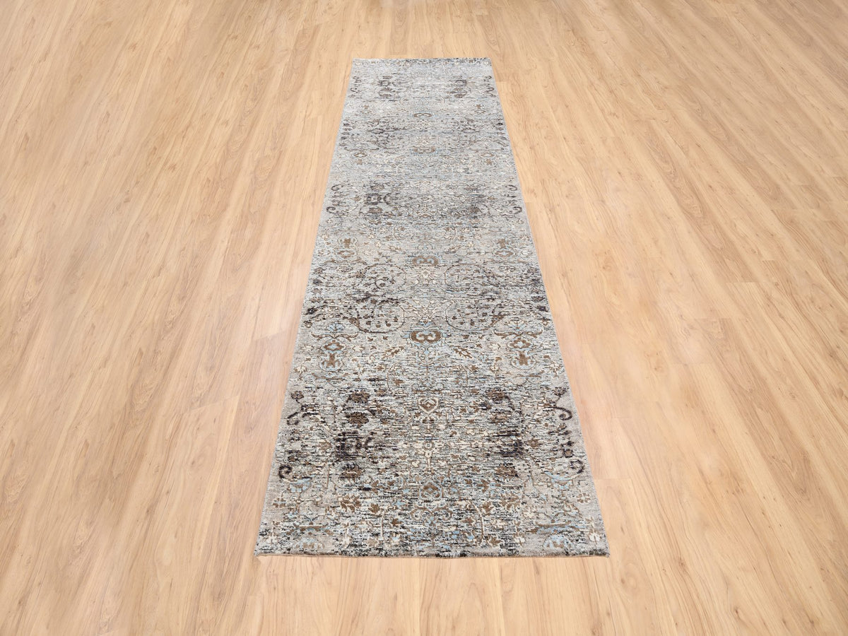 Transitional hand-knotted wool/silk runner in Brown, 2'6" x 10' — SKU O063707 (view 2)