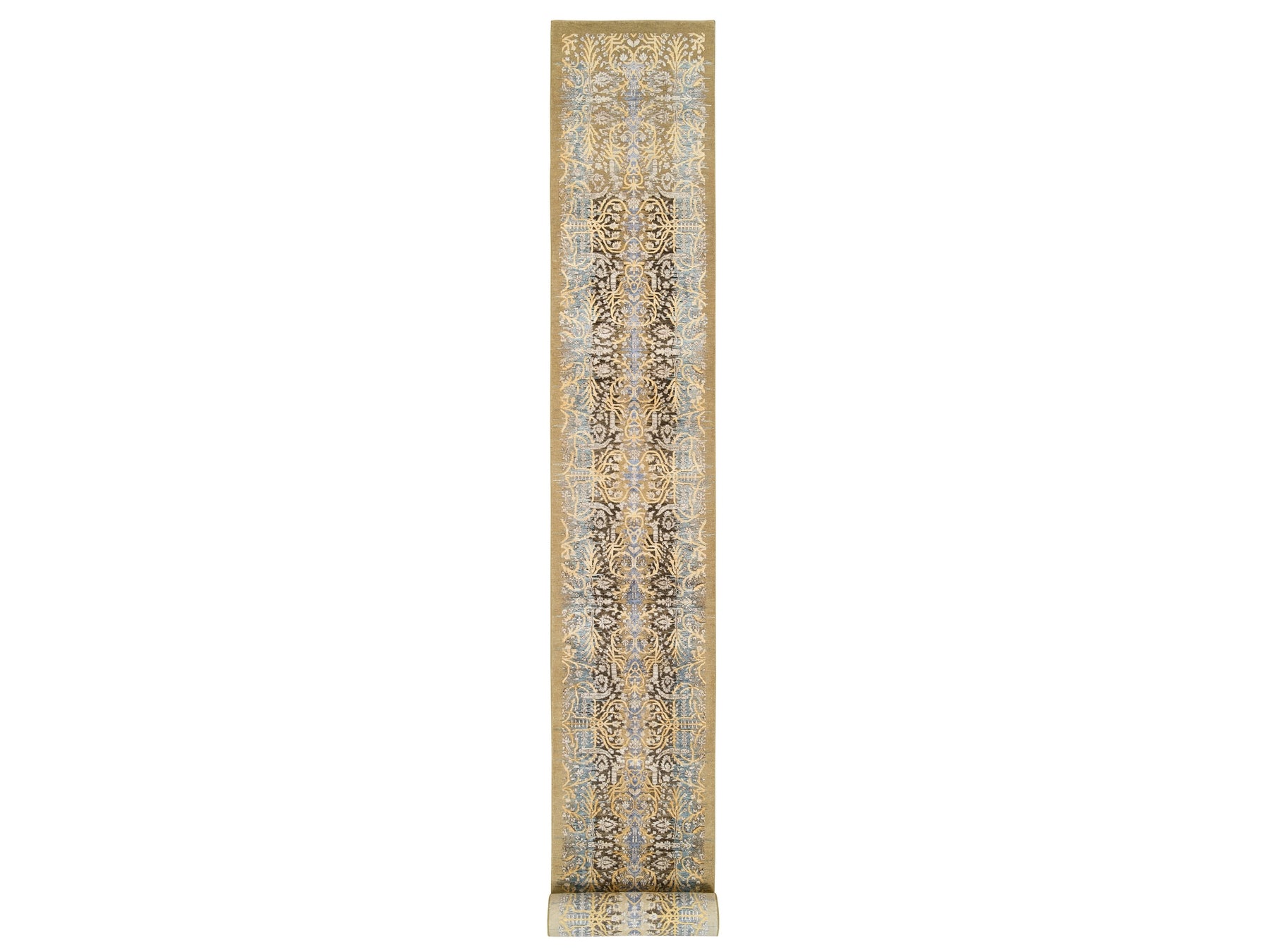 Sarouk Transitional hand-knotted wool/silk runner in Brown, 2'7" x 22' — SKU O063718