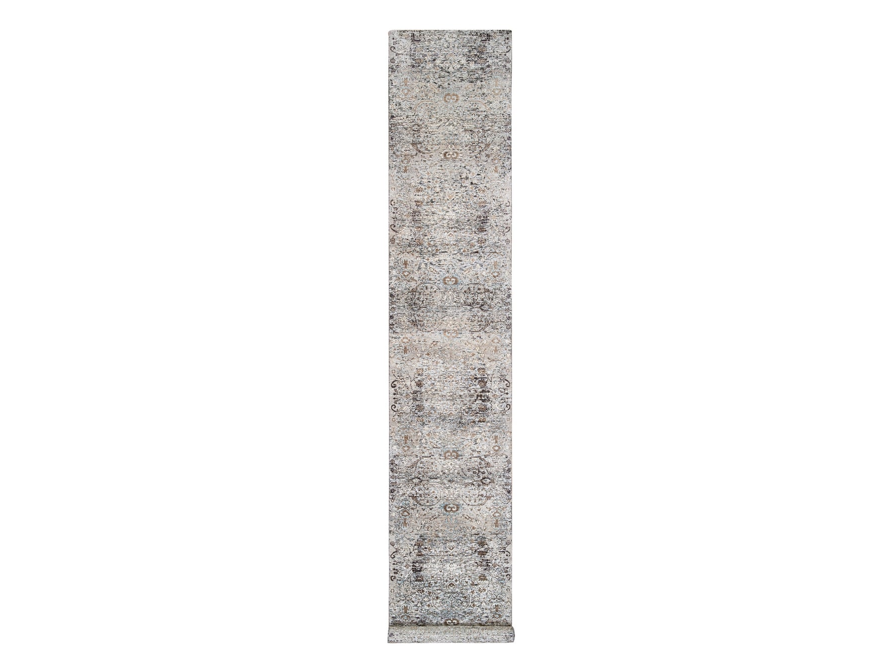Transitional hand-knotted wool/silk runner in Brown, 2'6" x 16' — SKU O063722