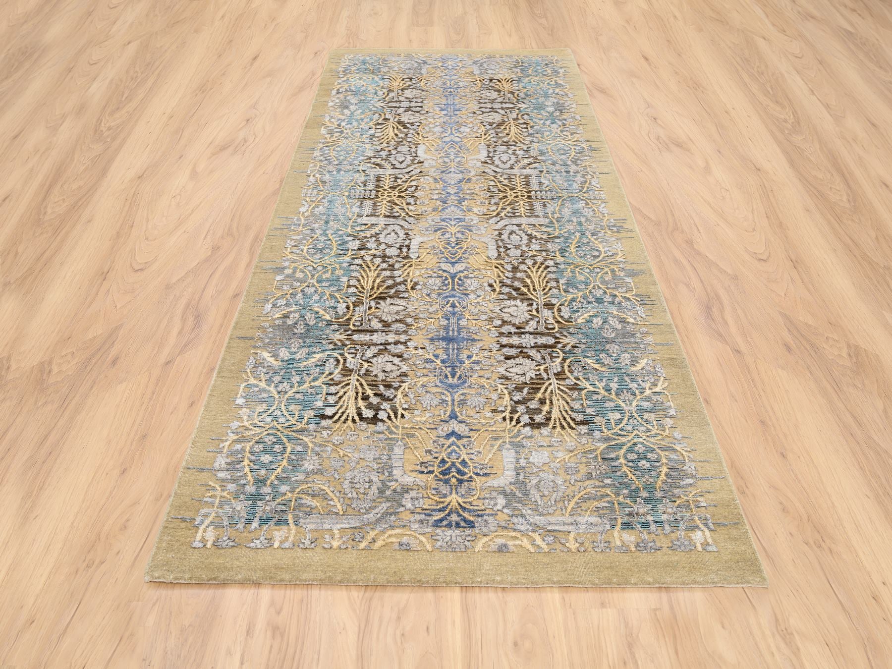 Brown 4'2" x 10'0" Transitional Hand knotted Wool/Silk Rug - Sku: O063730