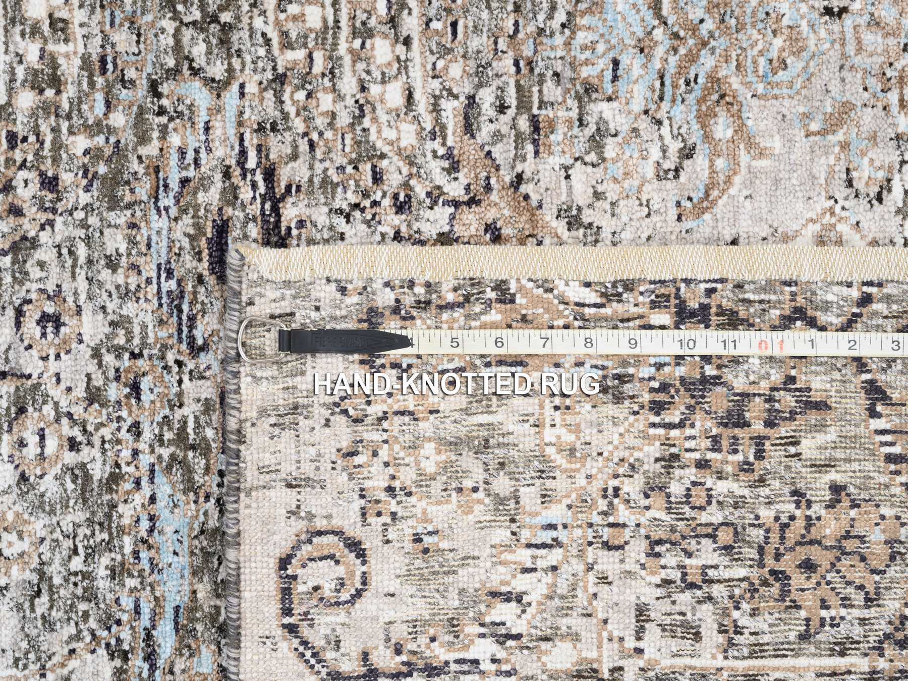 Transitional hand-knotted wool/silk runner in Brown, 4' x 12' — SKU O063732 (view 8)