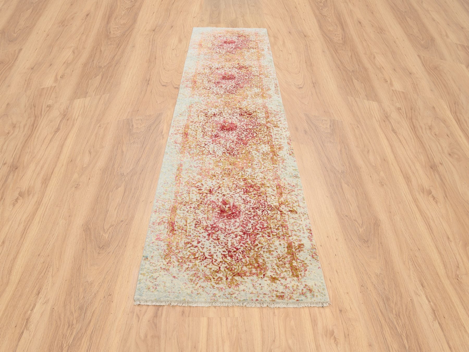 Modern / Contemporary hand-knotted wool/silk runner in Pink, 2'6" x 11'10" — SKU O063759 (view 2)