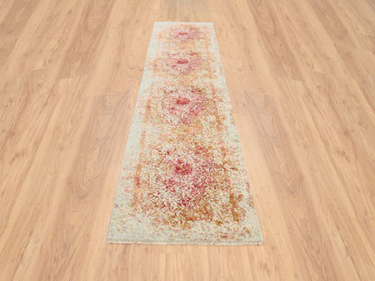 Pink 2'6" x 11'10" Modern / Contemporary Hand knotted Wool/Silk Rug - Sku: O063759