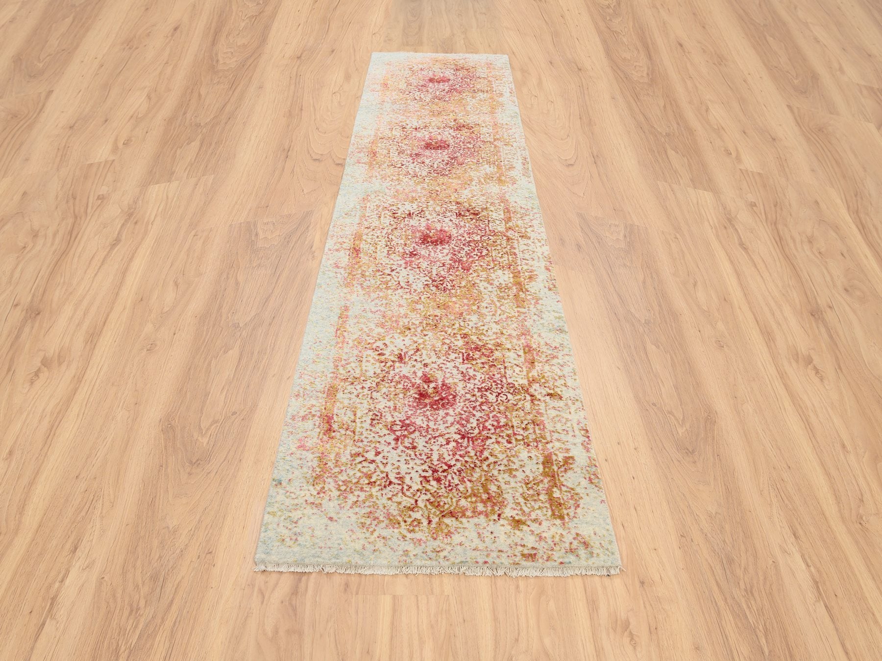 Modern / Contemporary hand-knotted wool/silk runner in Pink, 2'6" x 11'10" — SKU O063760 (view 2)