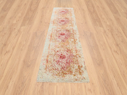 Pink 2'6" x 11'10" Modern / Contemporary Hand knotted Wool/Silk Rug - Sku: O063760