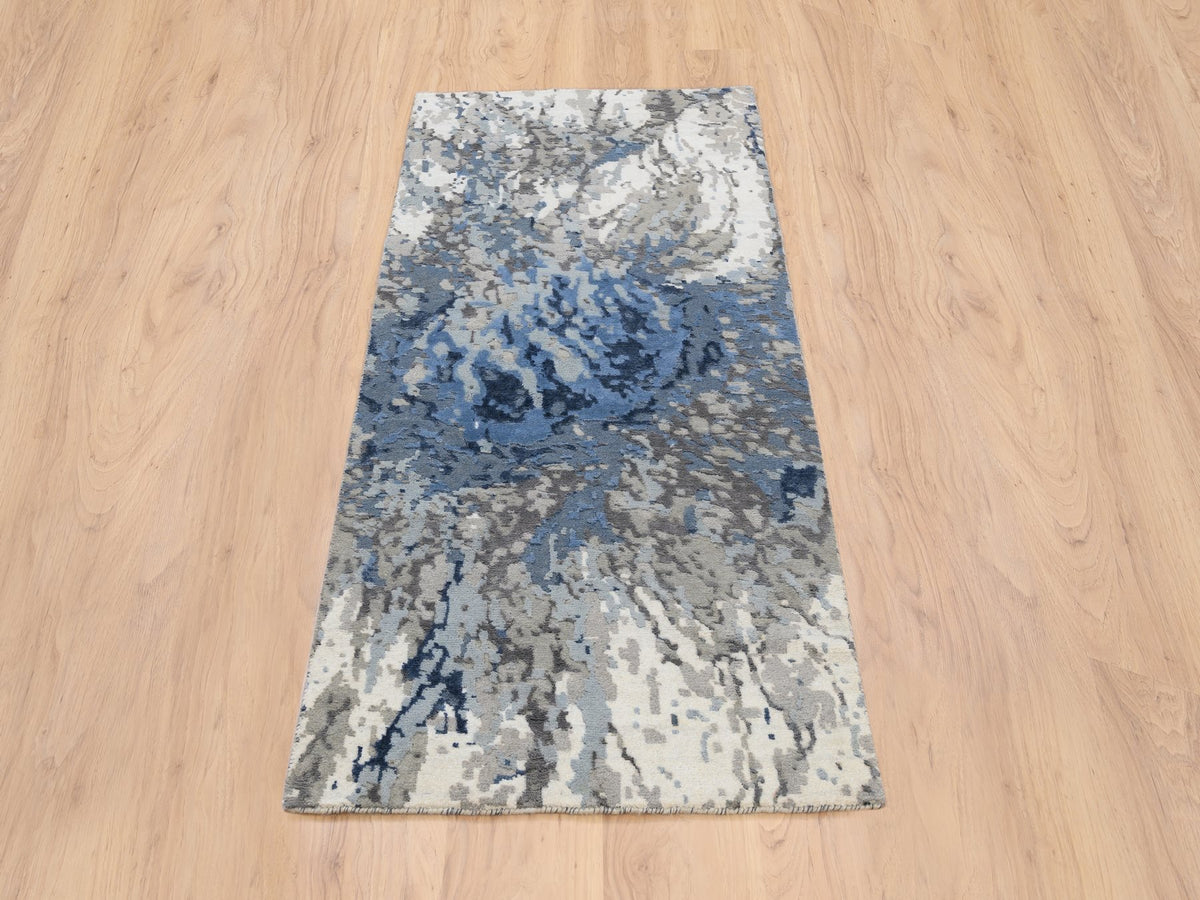 Modern / Contemporary hand-knotted wool/art silk runner in Blue, 2'6" x 6'2" — SKU O063763 (view 2)