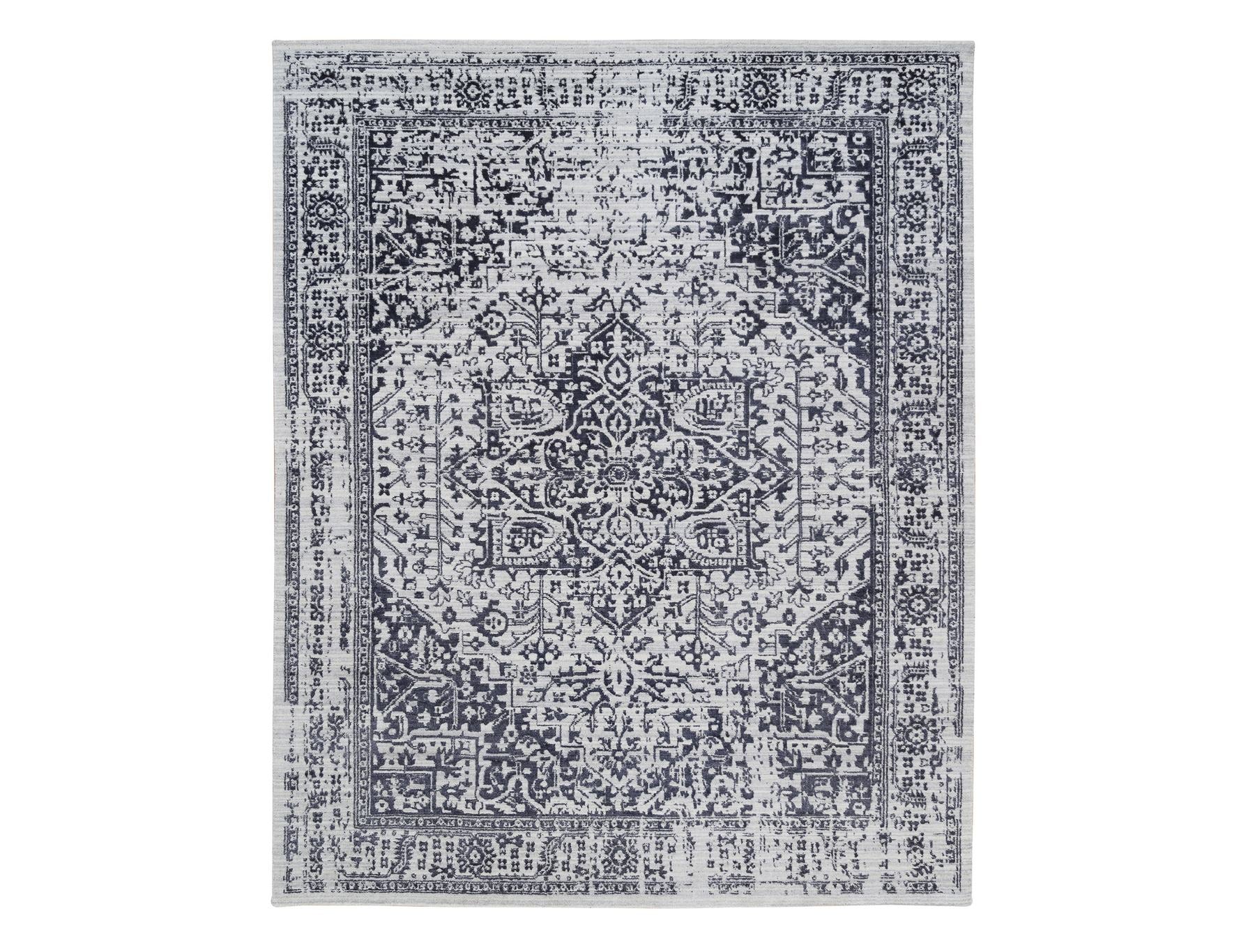 Heriz Heriz hand-knotted wool/silk rug in Black & Ivory, 8' x 10' — SKU O063787
