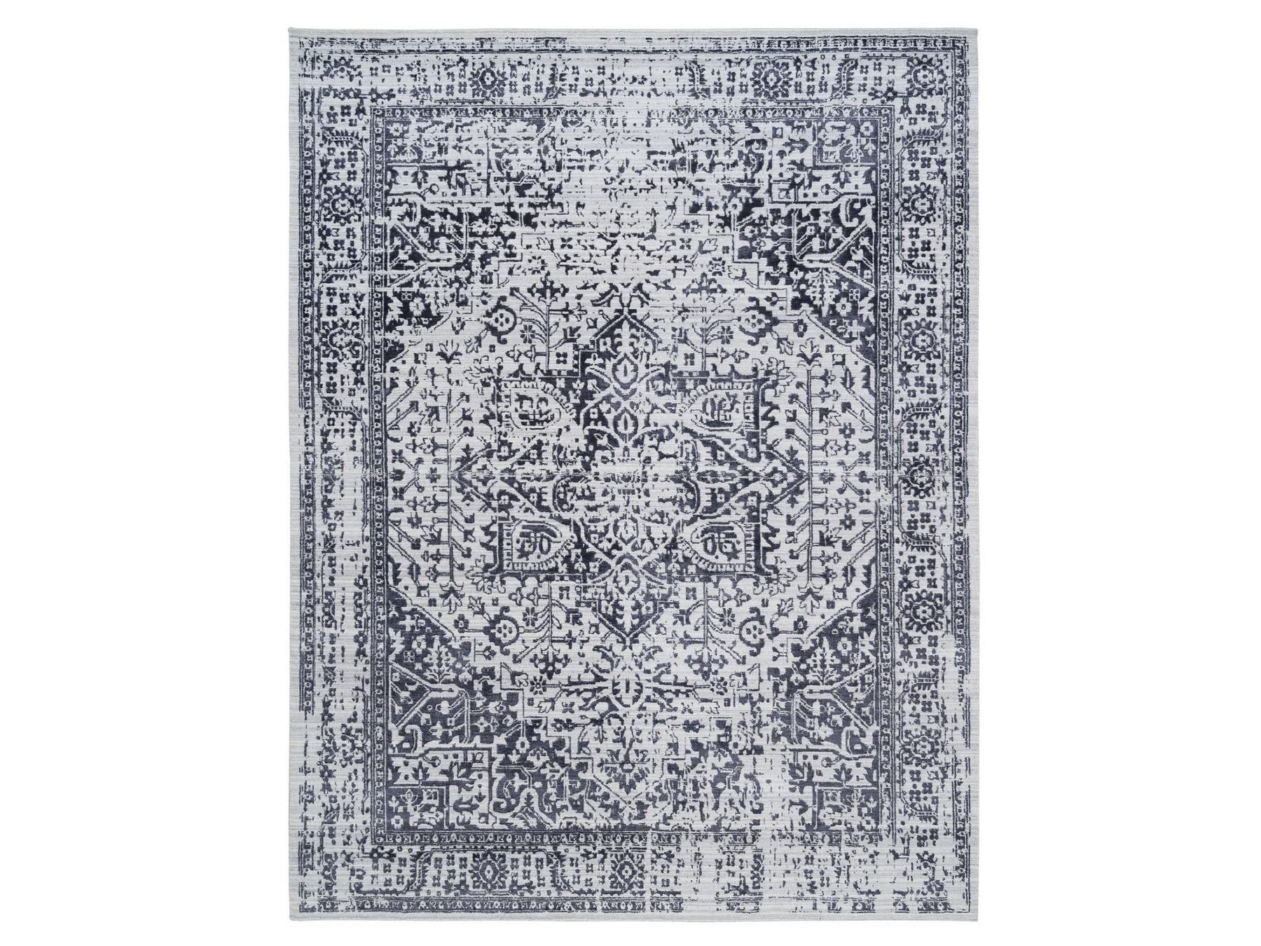 Heriz Heriz hand-knotted wool/silk rug in Black & Ivory, 9' x 11'10" — SKU O063790