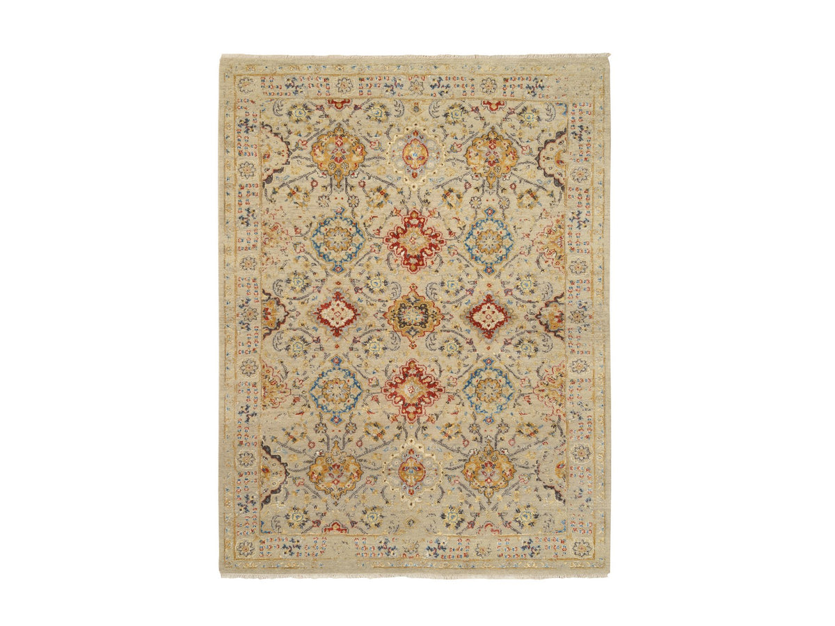 Transitional hand-knotted wool/pure silk rug in Beige, 5'3" x 7' — SKU O063796