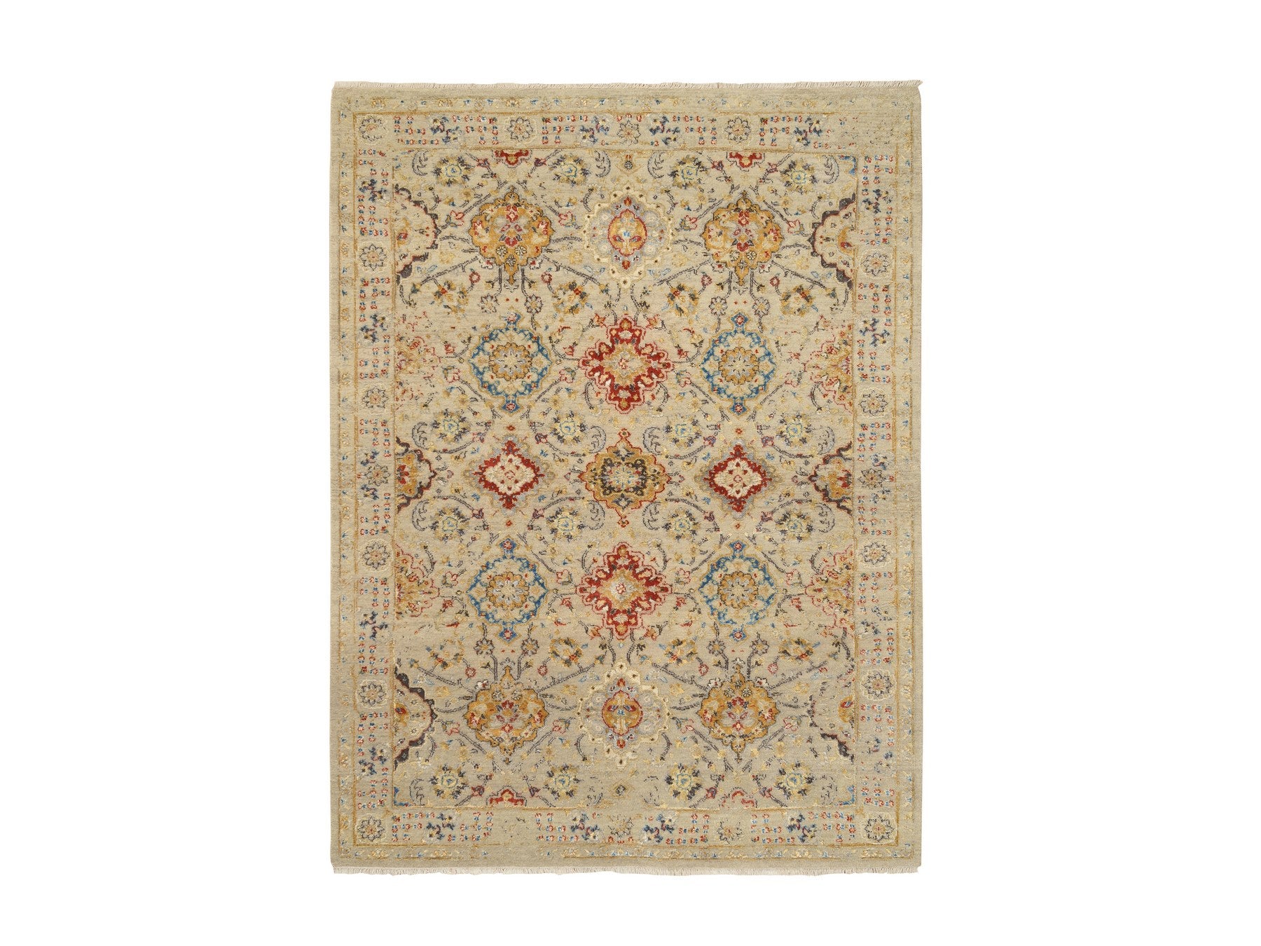 Transitional hand-knotted wool/pure silk rug in Beige, 5'3" x 7' — SKU O063796