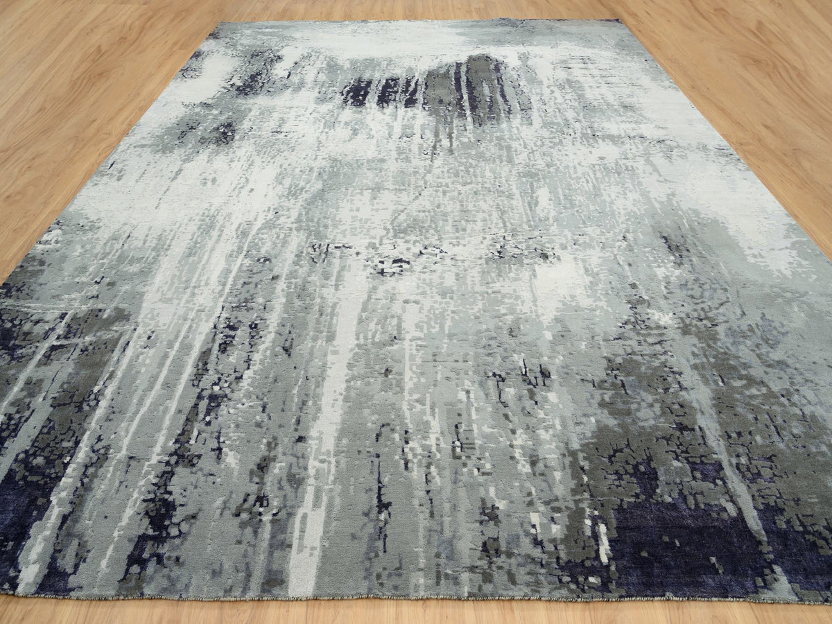 Modern / Contemporary hand-knotted wool/silk rug in Black, 12'1" x 15' — SKU O063809 (view 2)
