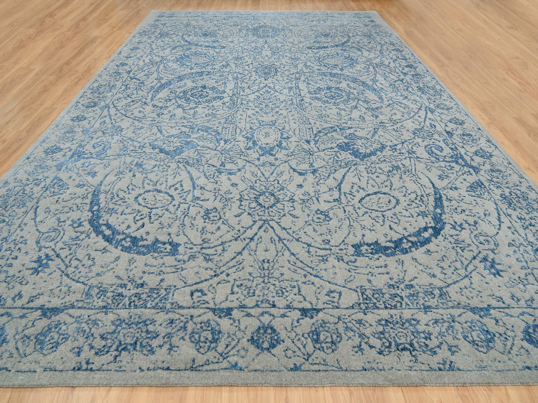 Transitional hand-knotted wool/silk rug in Blue, 11'10" x 18' — SKU O063823 (view 2)