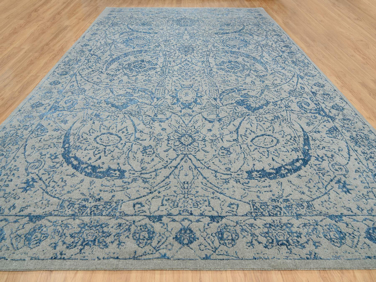 Transitional hand-knotted wool/silk rug in Blue, 11'10" x 18' — SKU O063823 (view 2)