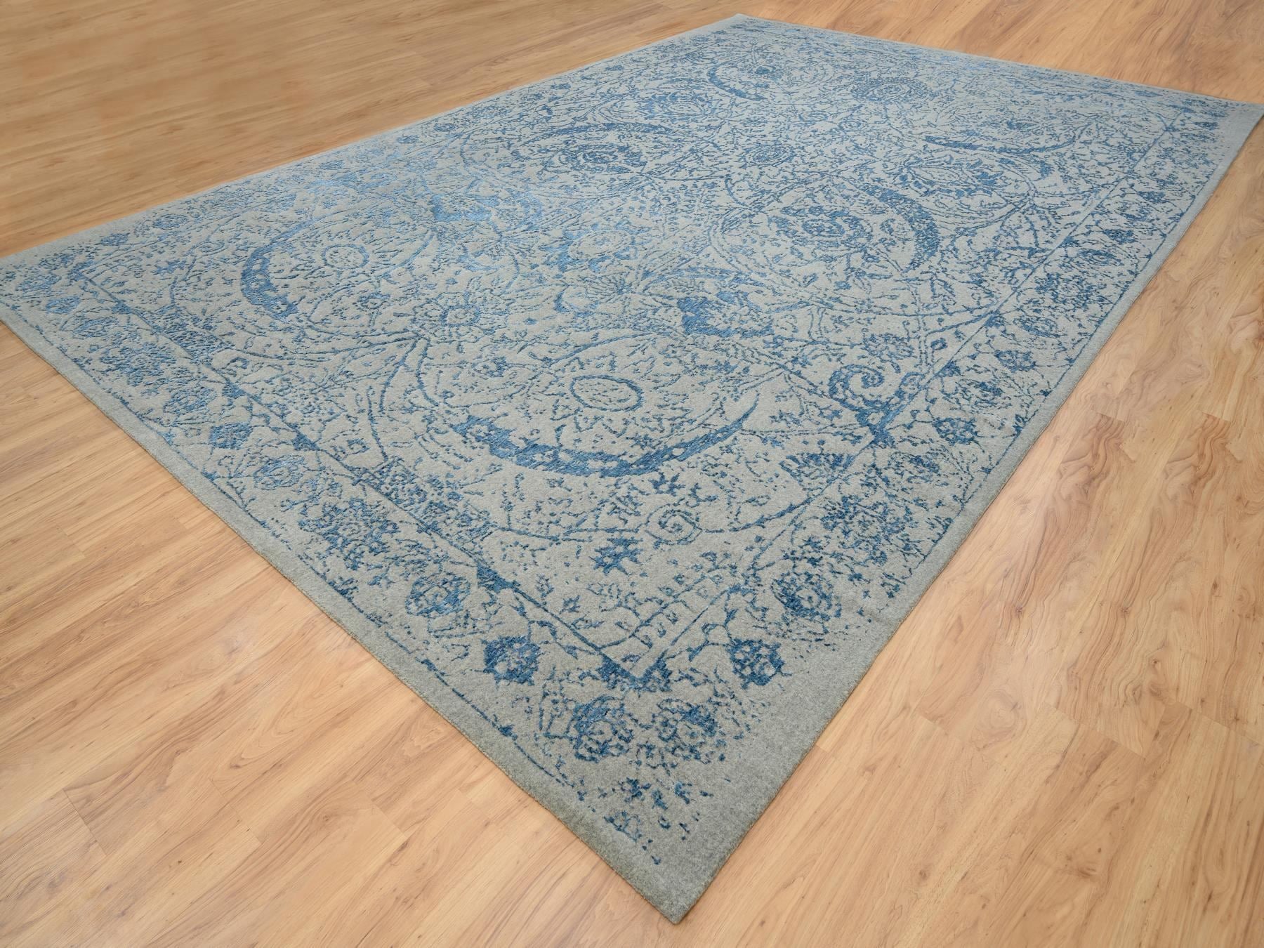 Transitional hand-knotted wool/silk rug in Blue, 11'10" x 18' — SKU O063823 (view 3)