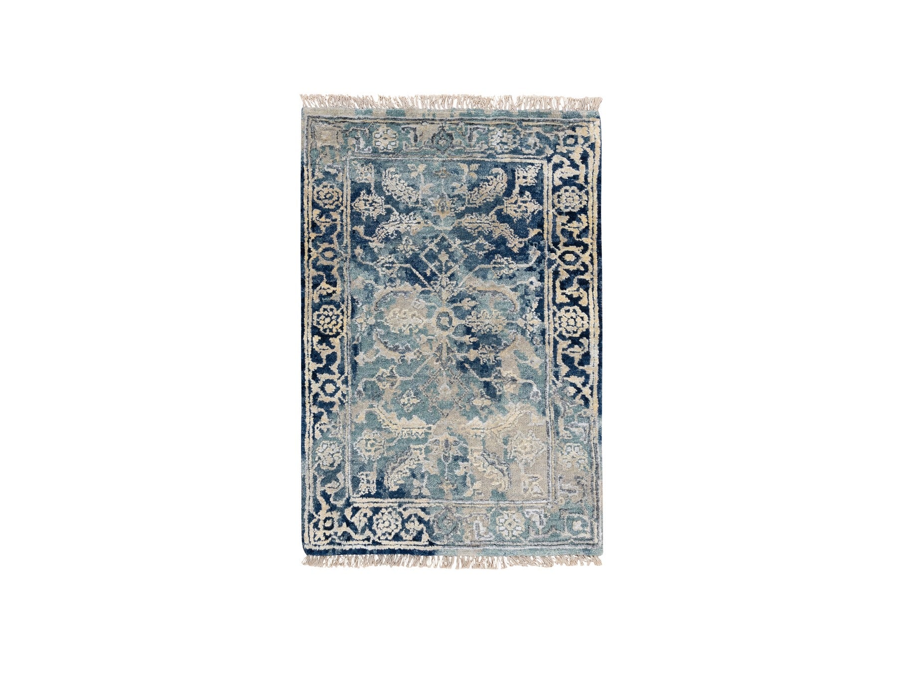 Heriz Transitional hand-knotted wool/silk rug in Blue & Navy Blue, 2' x 3'1" — SKU O063888