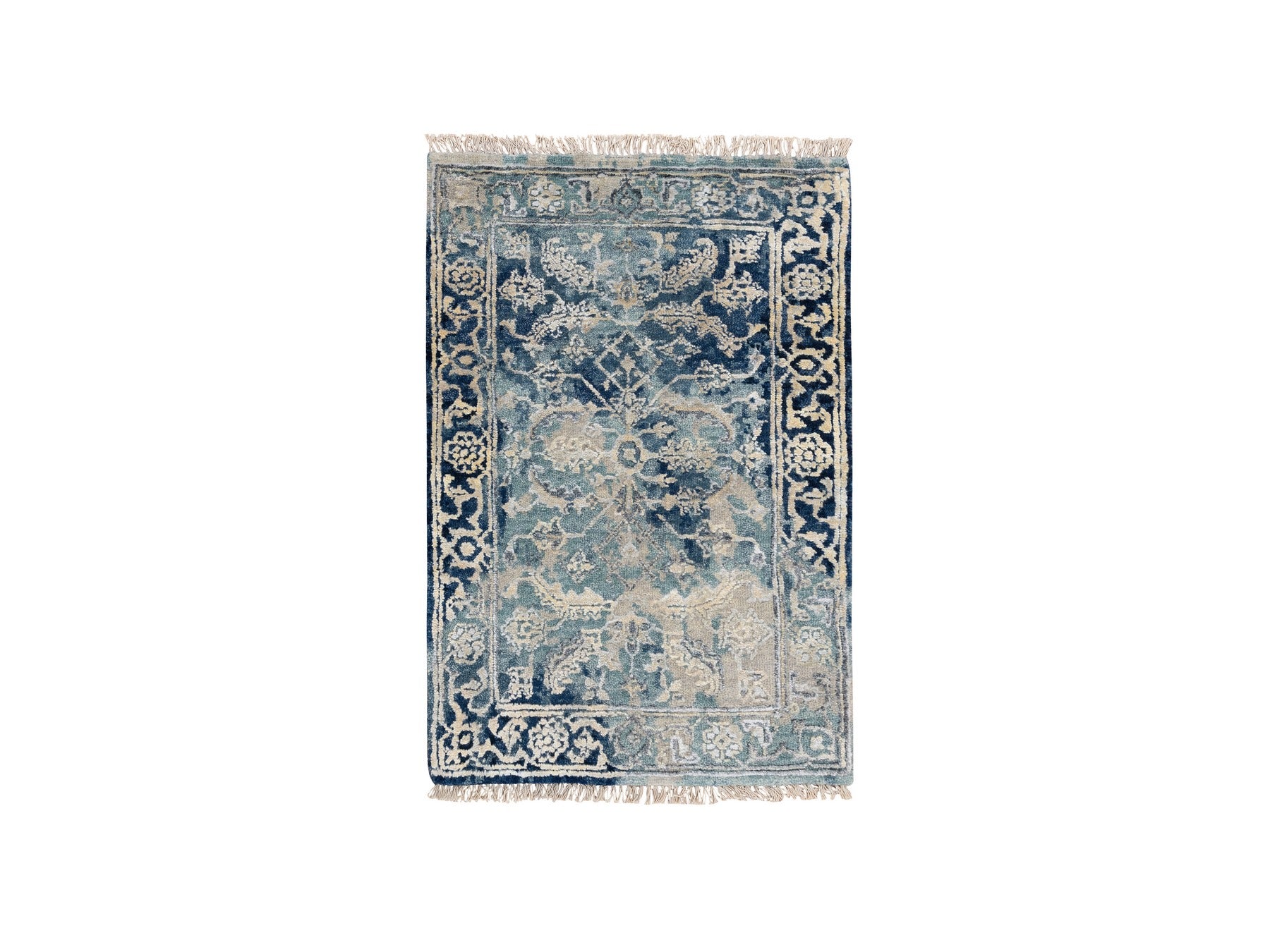 Heriz Transitional hand-knotted wool/silk rug in Blue & Navy Blue, 2' x 3'1" — SKU O063890