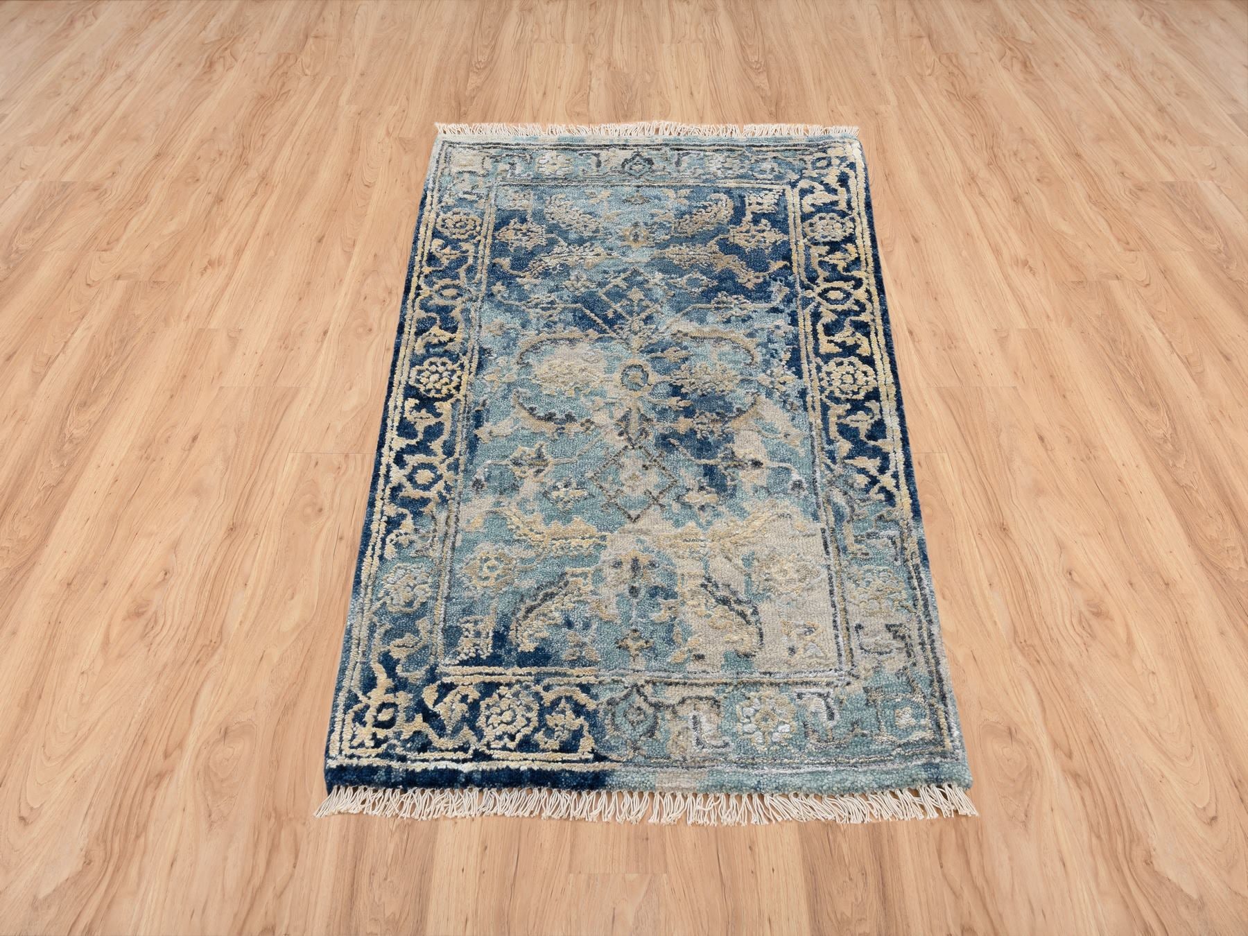 Heriz Transitional hand-knotted wool/silk rug in Blue & Navy Blue, 2' x 3'1" — SKU O063890 (view 2)