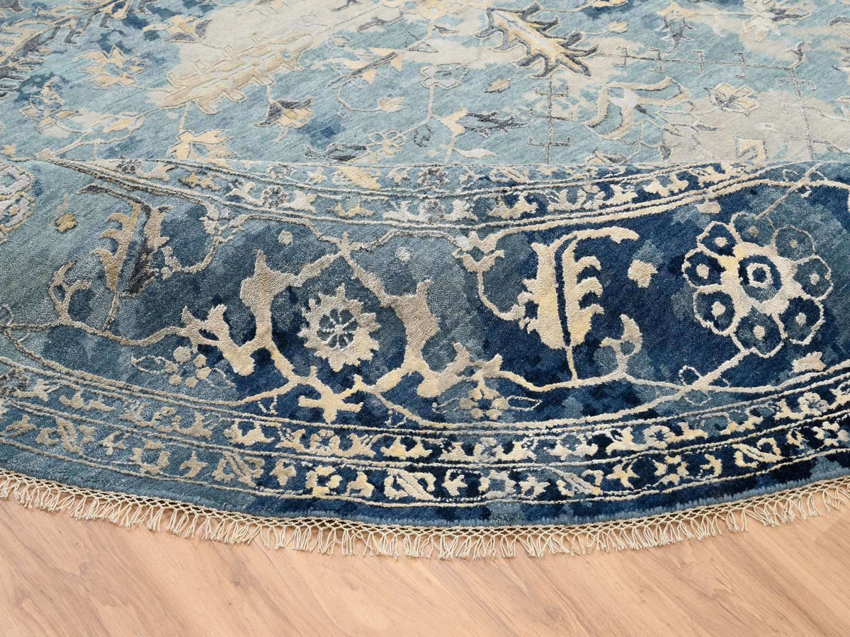 Heriz Transitional hand-knotted wool/silk rug in Blue & Navy Blue, 11'10" x 11'10" — SKU O063893 (view 7)