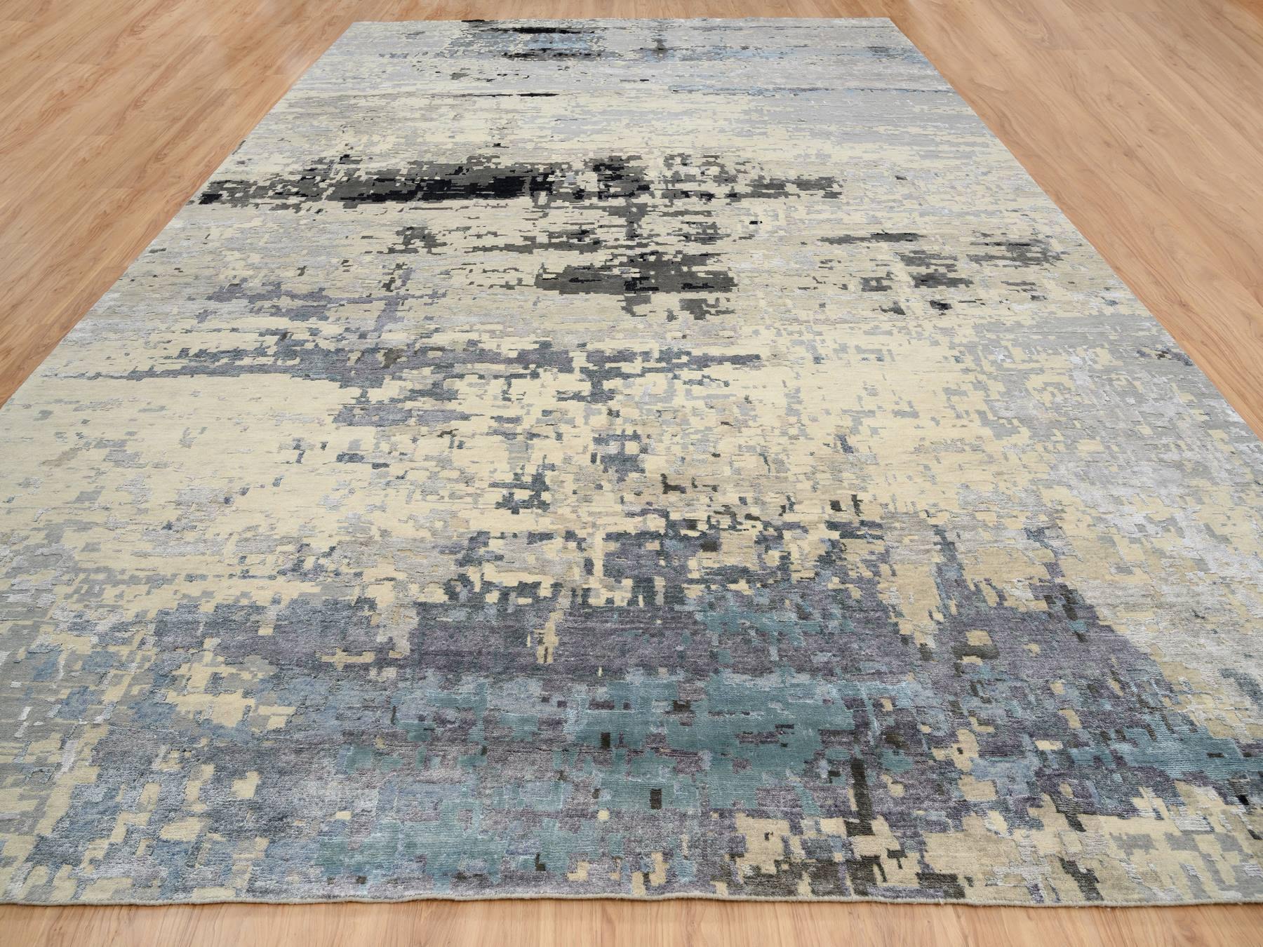 Modern / Contemporary hand-knotted wool/silk rug in Beige, 12' x 17'9" — SKU O063895 (view 2)