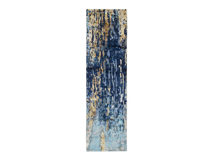 Modern / Contemporary hand-knotted wool/silk runner in Blue, 2'8" x 9'9" — SKU O063910