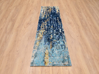 Modern / Contemporary hand-knotted wool/silk runner in Blue, 2'8" x 9'9" — SKU O063910 (view 2)
