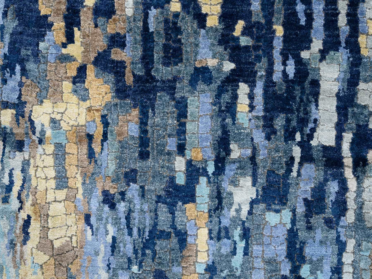 Modern / Contemporary hand-knotted wool/silk runner in Blue, 2'8" x 9'9" — SKU O063910 (view 5)