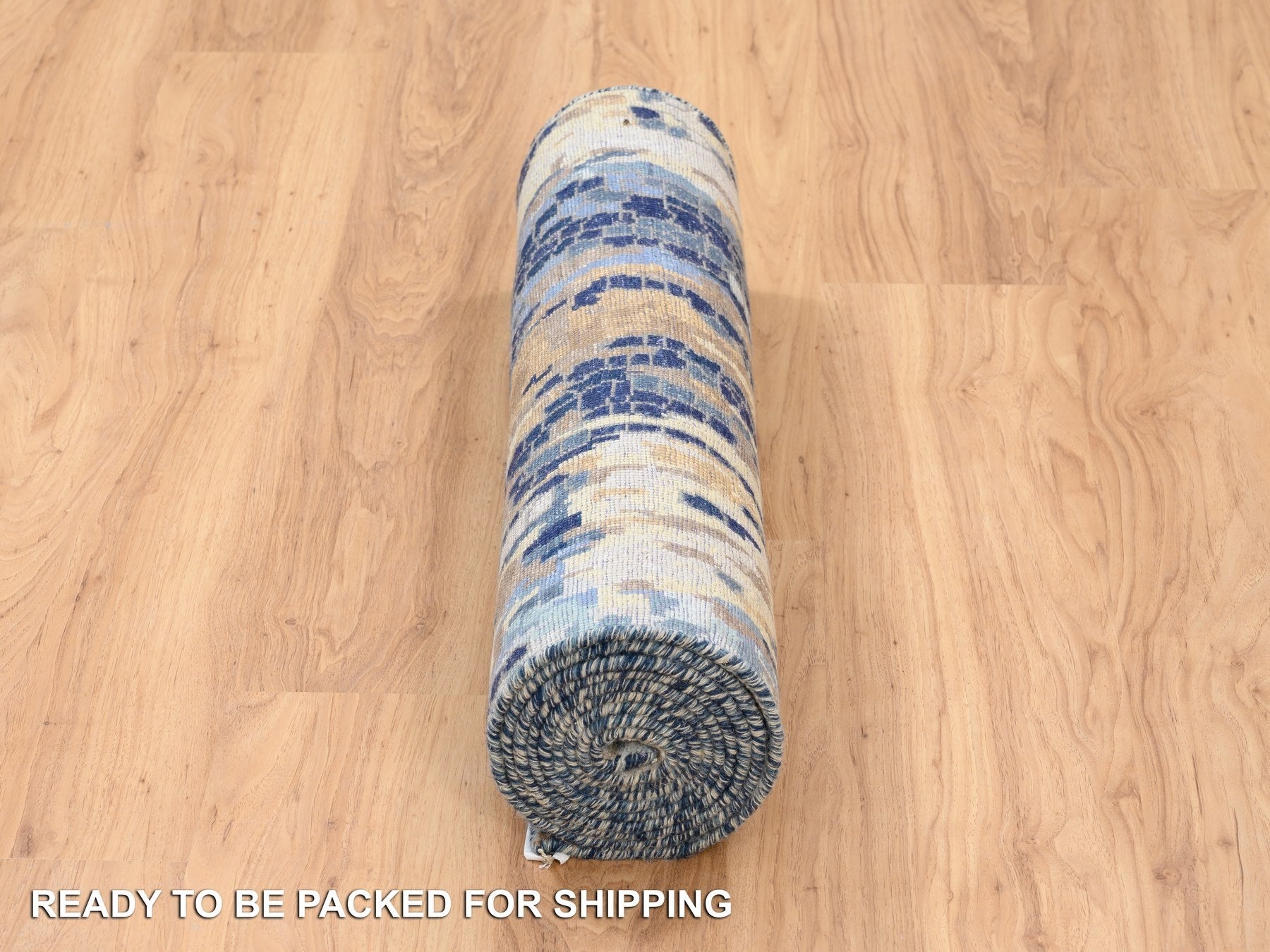 Modern / Contemporary hand-knotted wool/silk runner in Blue, 2'8" x 9'9" — SKU O063910 (view 6)