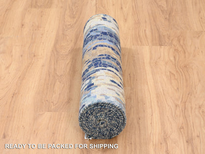 Modern / Contemporary hand-knotted wool/silk runner in Blue, 2'8" x 9'9" — SKU O063910 (view 6)
