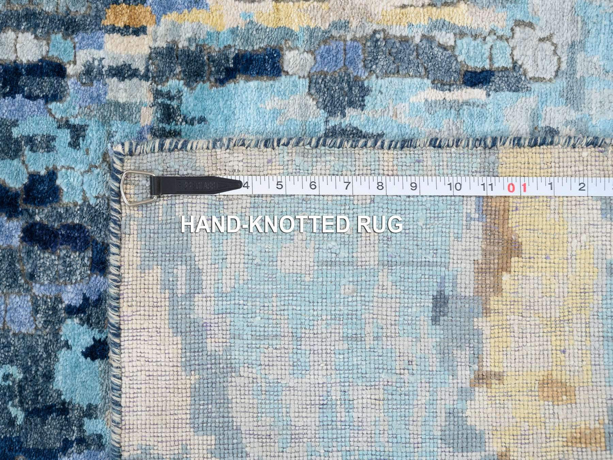 Modern / Contemporary hand-knotted wool/silk runner in Blue, 2'8" x 9'9" — SKU O063910 (view 8)