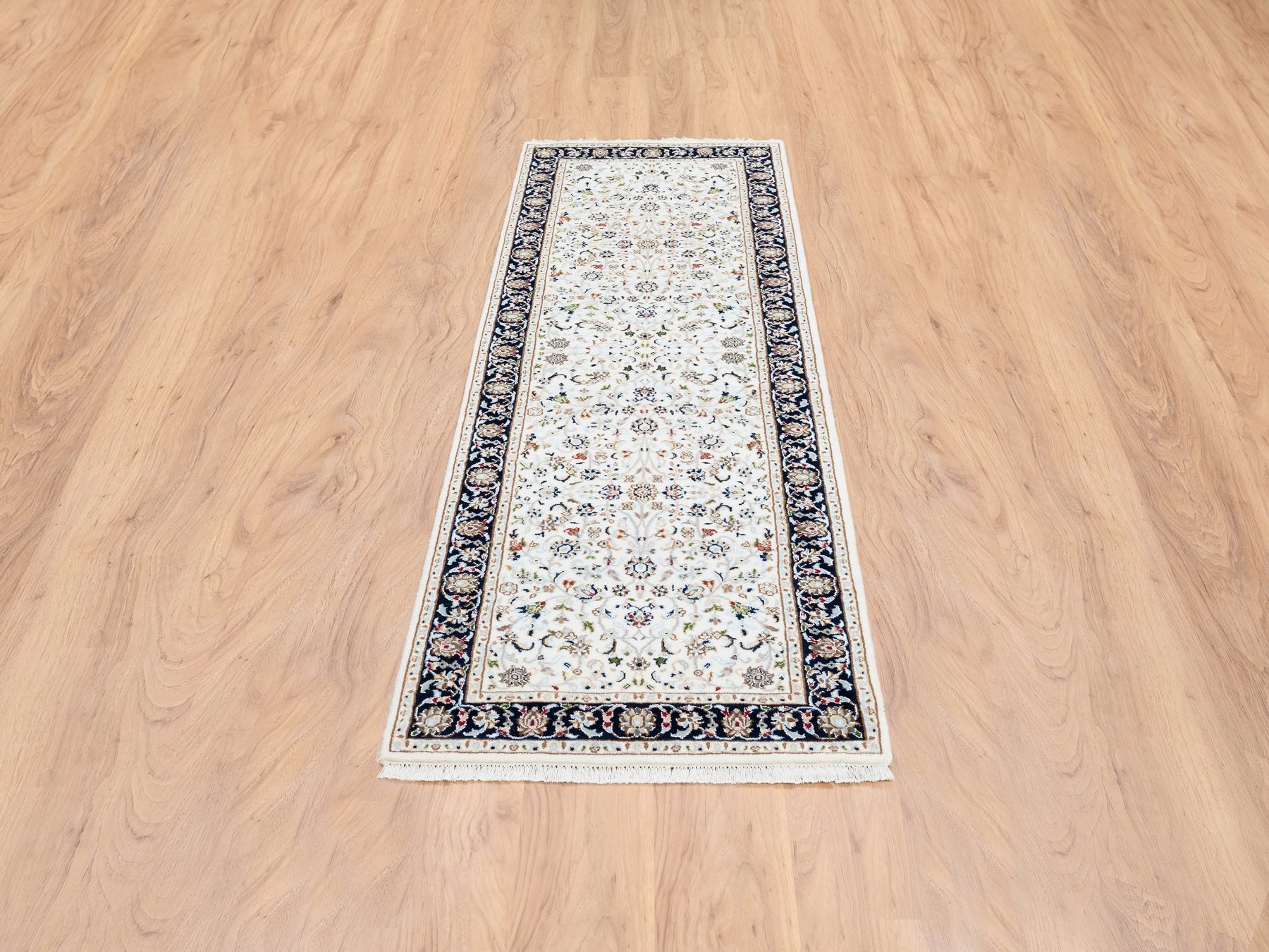 Nain Fine Oriental hand-knotted wool runner in Ivory & Navy Blue, 2'8" x 8'3" — SKU O063989 (view 2)