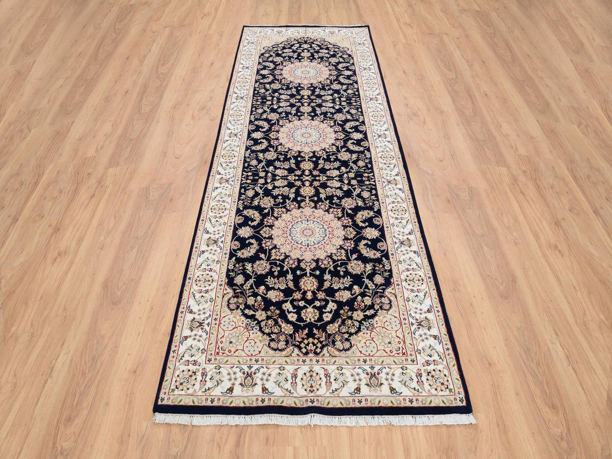 Nain Fine Oriental hand-knotted wool runner in Blue & Ivory, 4' x 12' — SKU O064000 (view 2)
