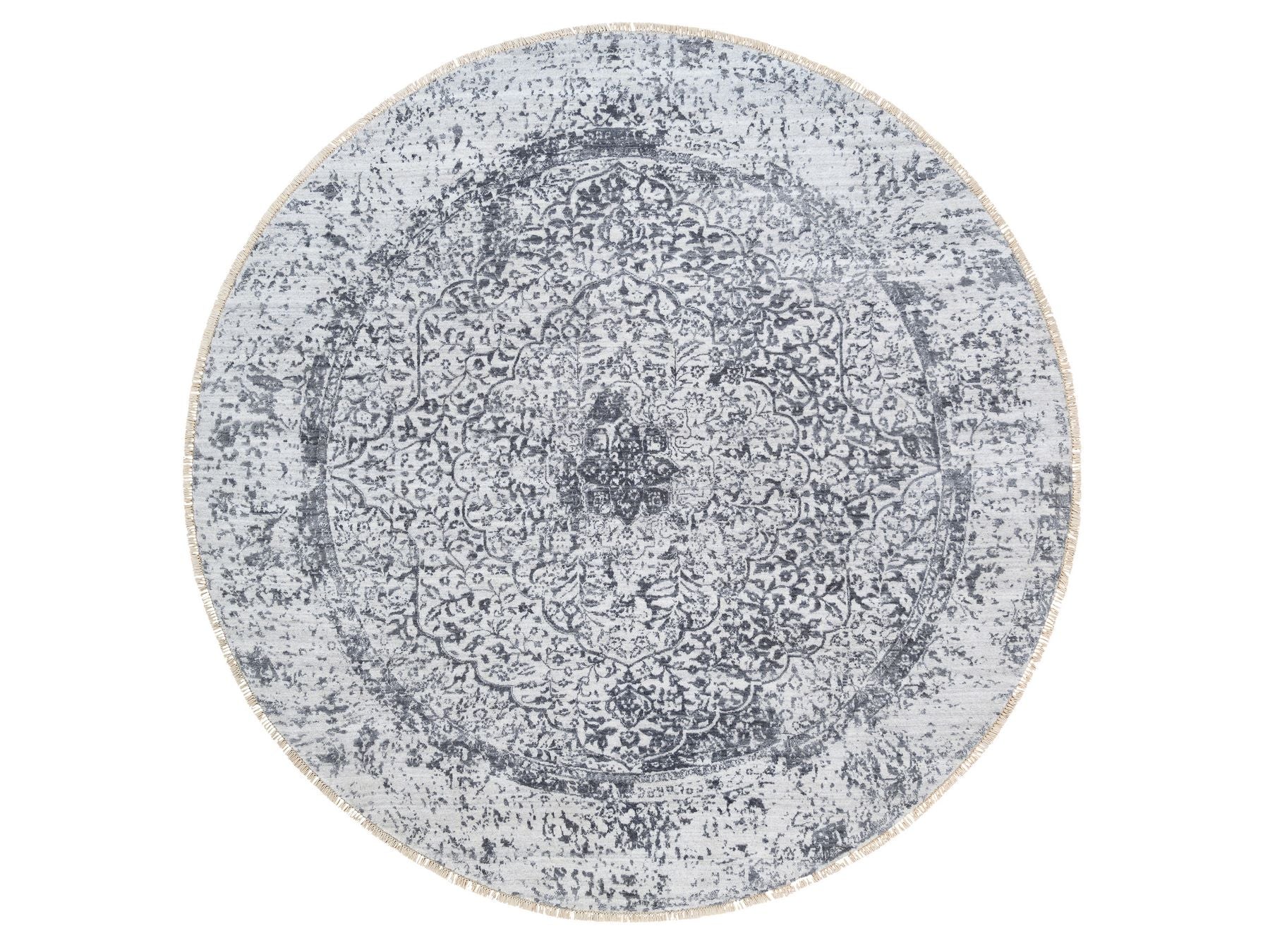 Transitional hand-knotted wool/silk rug in Gray, 7'10" x 7'10" — SKU O064086
