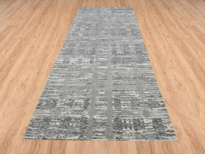 Grey 4'1" x 12'0" Modern / Contemporary Hand knotted Wool Rug - Sku: O064156