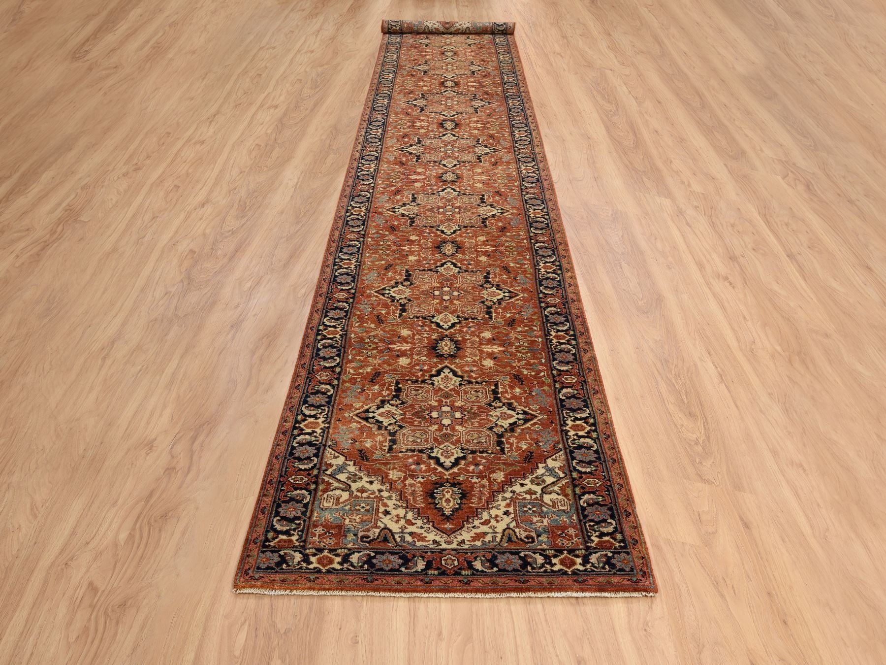 Heriz Heriz hand-knotted wool runner in Red & Navy Blue, 2'7" x 16'3" — SKU O064198 (view 2)