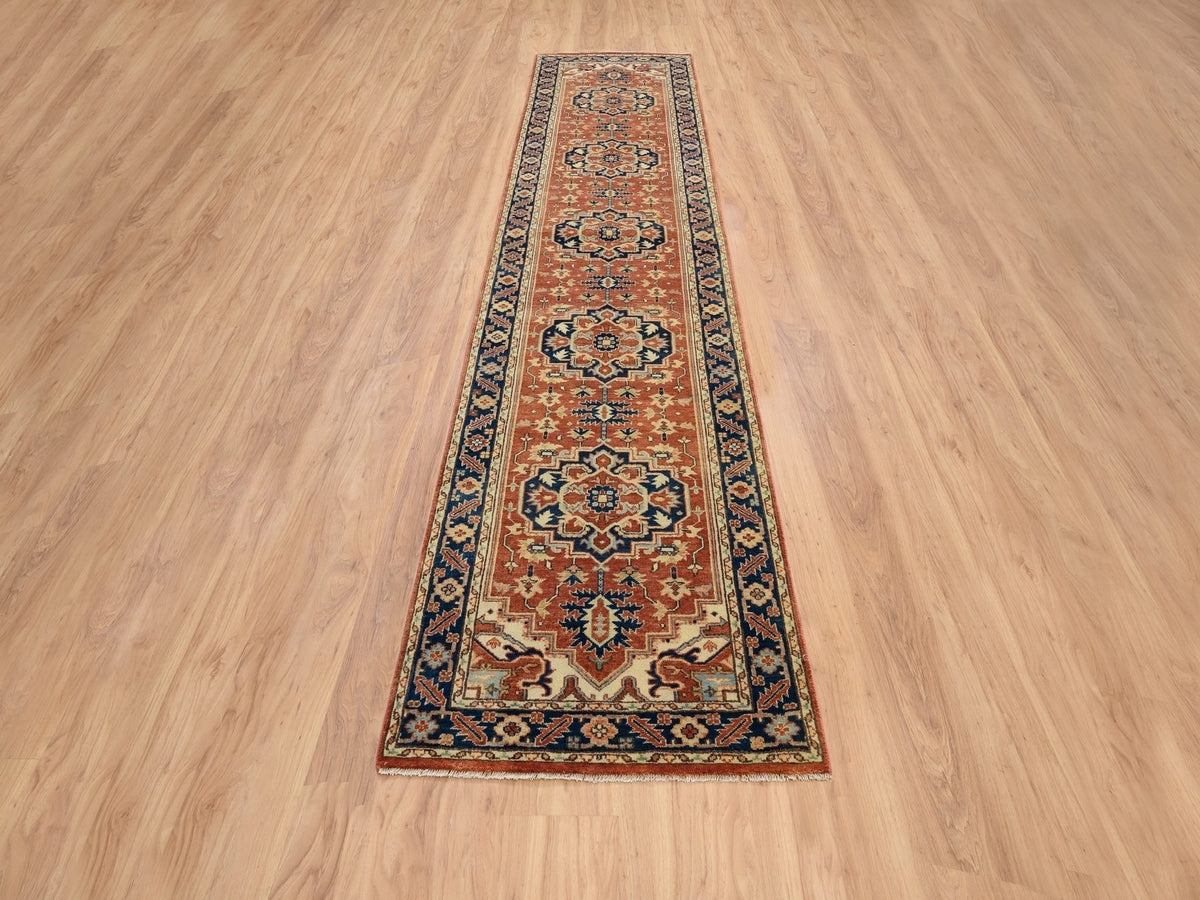 Heriz Heriz hand-knotted wool runner in Red & Navy Blue, 2'6" x 12'2" — SKU O064205 (view 2)