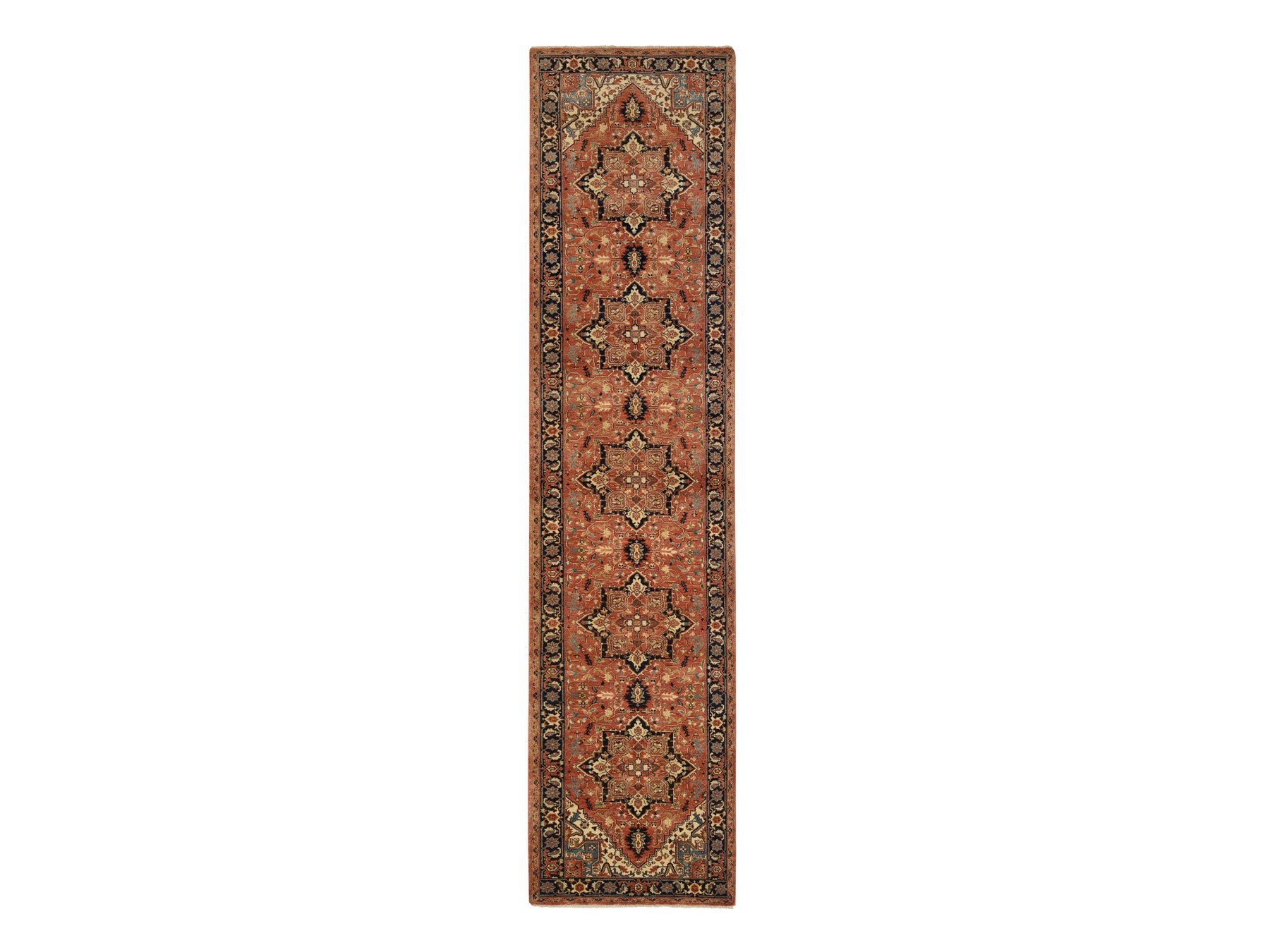 Heriz Heriz hand-knotted wool runner in Red & Navy Blue, 2'7" x 12' — SKU O064250