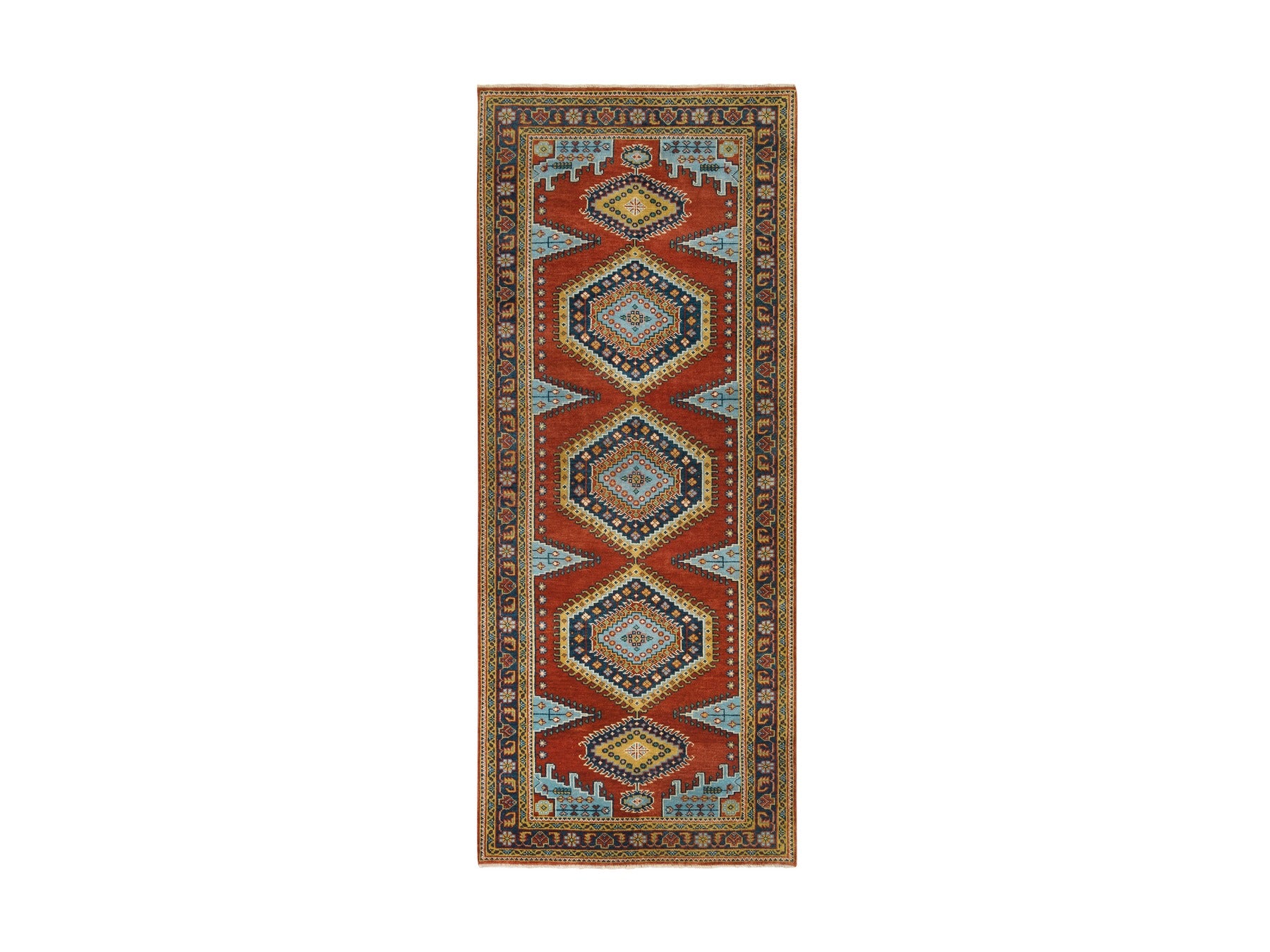 Heriz hand-knotted wool runner in Red & Navy Blue, 4' x 10' — SKU O064256