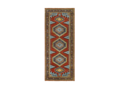 Heriz hand-knotted wool runner in Red & Navy Blue, 4' x 10' — SKU O064256