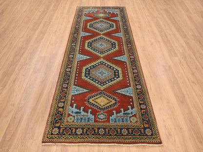 Heriz hand-knotted wool runner in Red & Navy Blue, 4' x 10' — SKU O064256 (view 2)