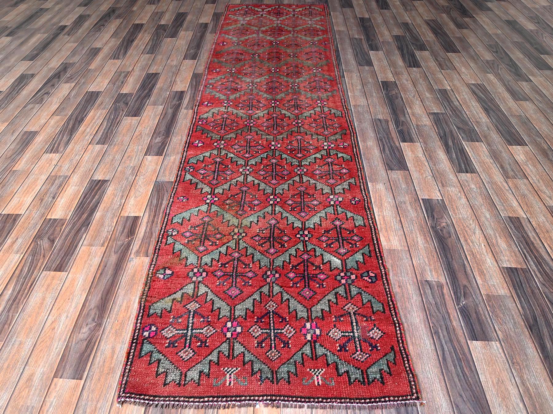 Vintage hand-knotted wool runner in Red, 2'8" x 9'10" — SKU O0642 (view 2)