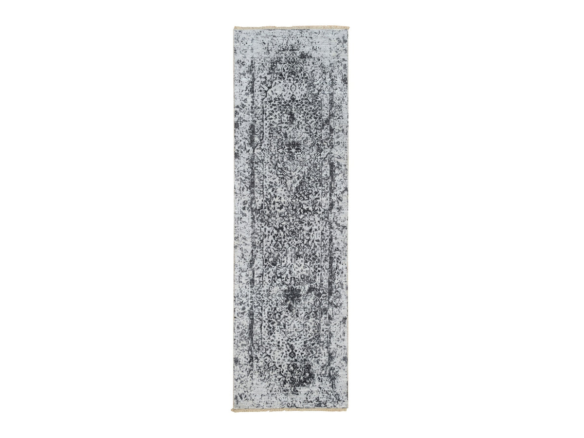 Transitional hand-knotted wool/pure silk runner in Gray, 2'7" x 8'2" — SKU O064324