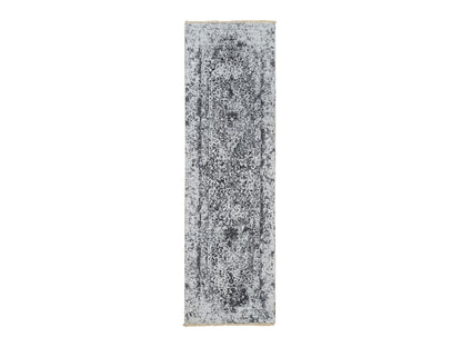 Transitional hand-knotted wool/pure silk runner in Gray, 2'7" x 8'2" — SKU O064324