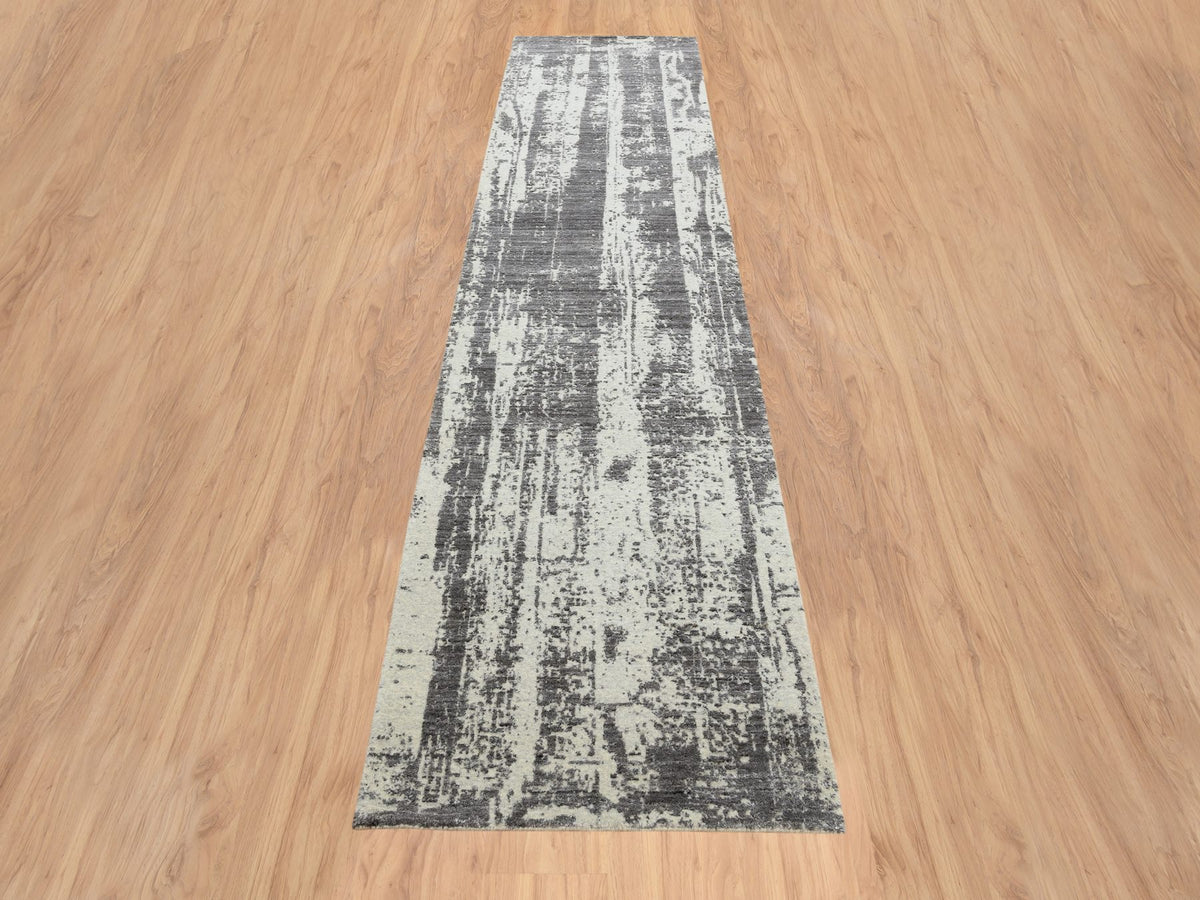 Modern / Contemporary hand-knotted wool/pure silk runner in Black, 2'6" x 11'10" — SKU O064327 (view 2)