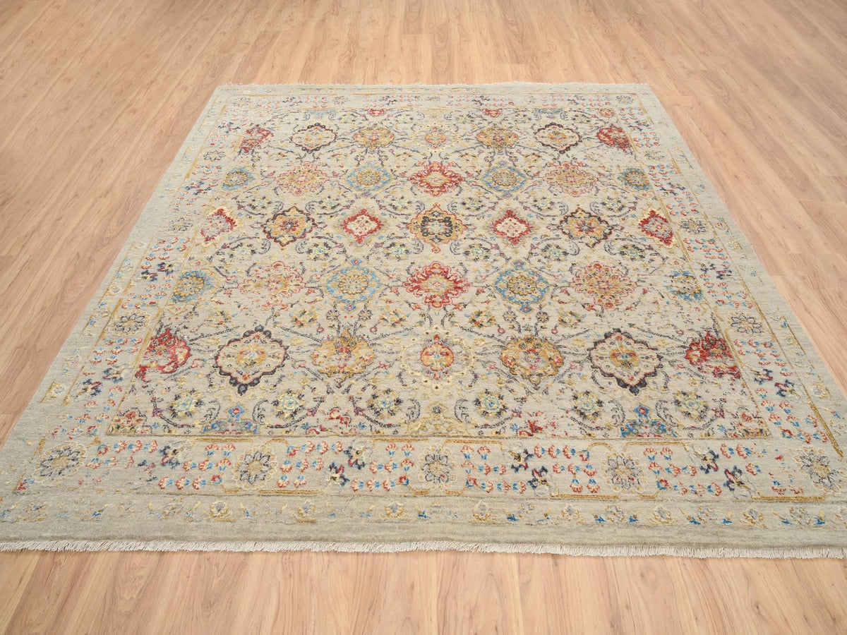 Transitional hand-knotted wool/pure silk rug in Beige, 8' x 8'1" — SKU O064330 (view 2)