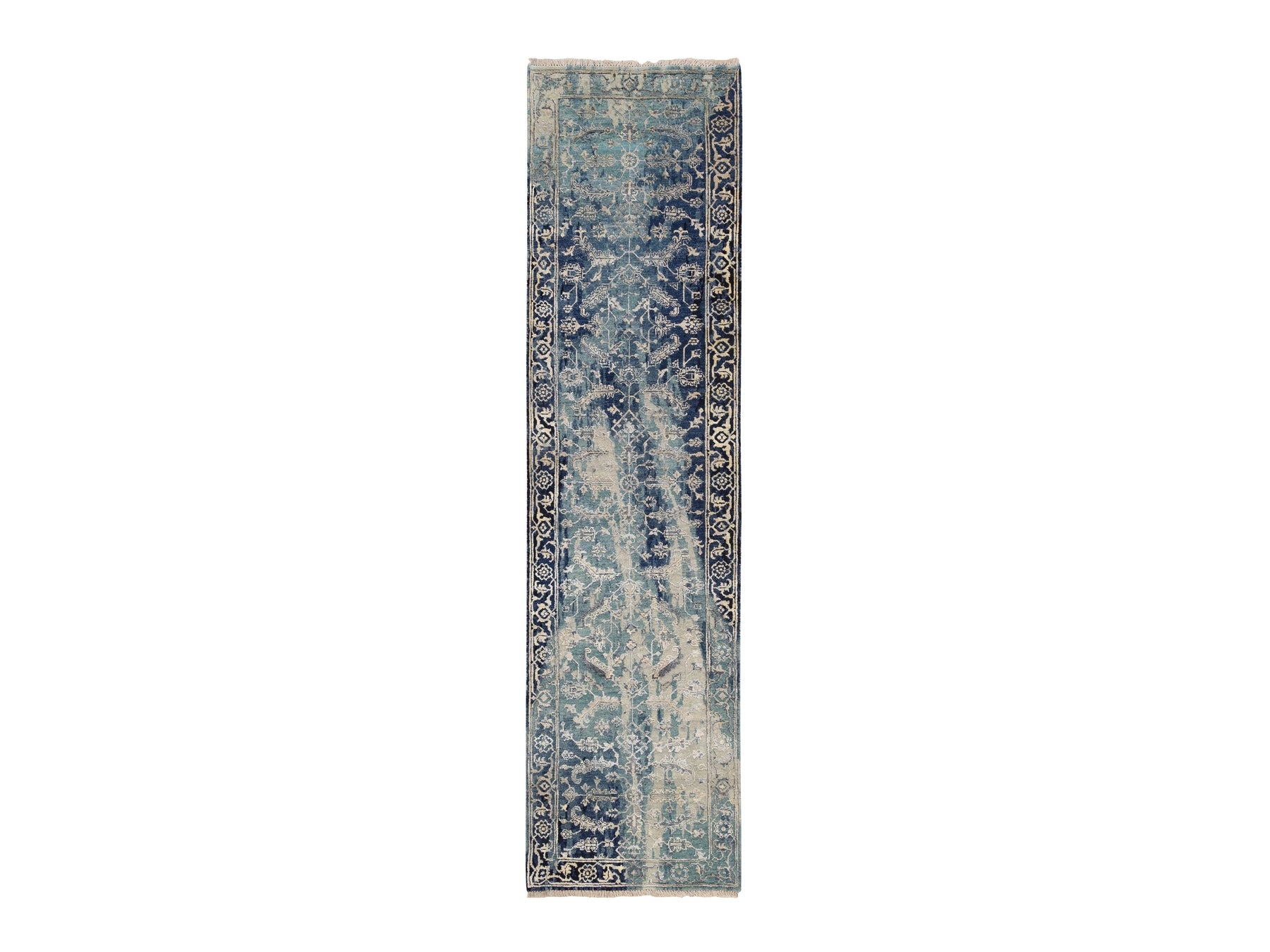 Heriz Transitional hand-knotted wool/silk runner in Teal & Denim Blue, 2'7" x 10' — SKU O064356