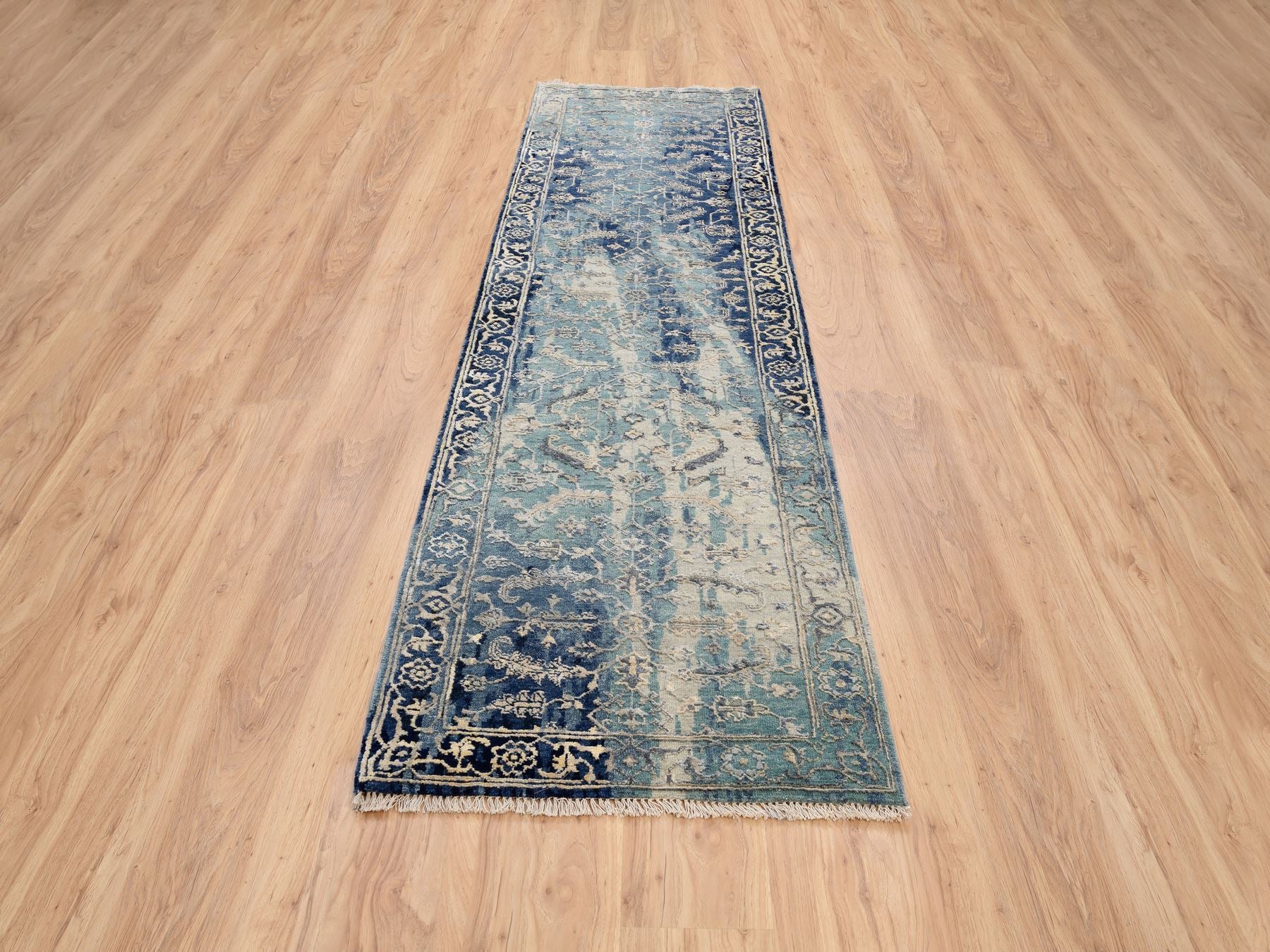 Heriz Transitional hand-knotted wool/silk runner in Teal & Denim Blue, 2'7" x 10' — SKU O064356 (view 2)
