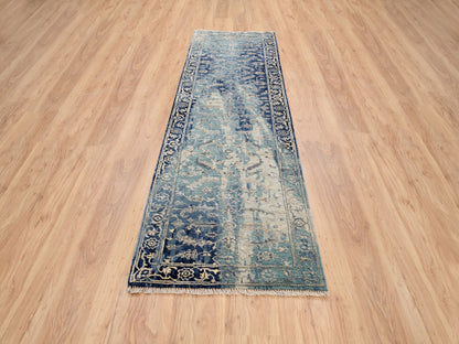 Heriz Transitional hand-knotted wool/silk runner in Teal & Denim Blue, 2'7" x 10' — SKU O064356 (view 2)