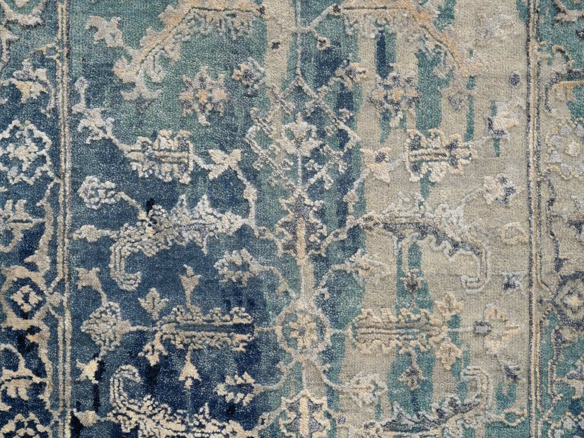 Heriz Transitional hand-knotted wool/silk runner in Teal & Denim Blue, 2'7" x 10' — SKU O064356 (view 5)