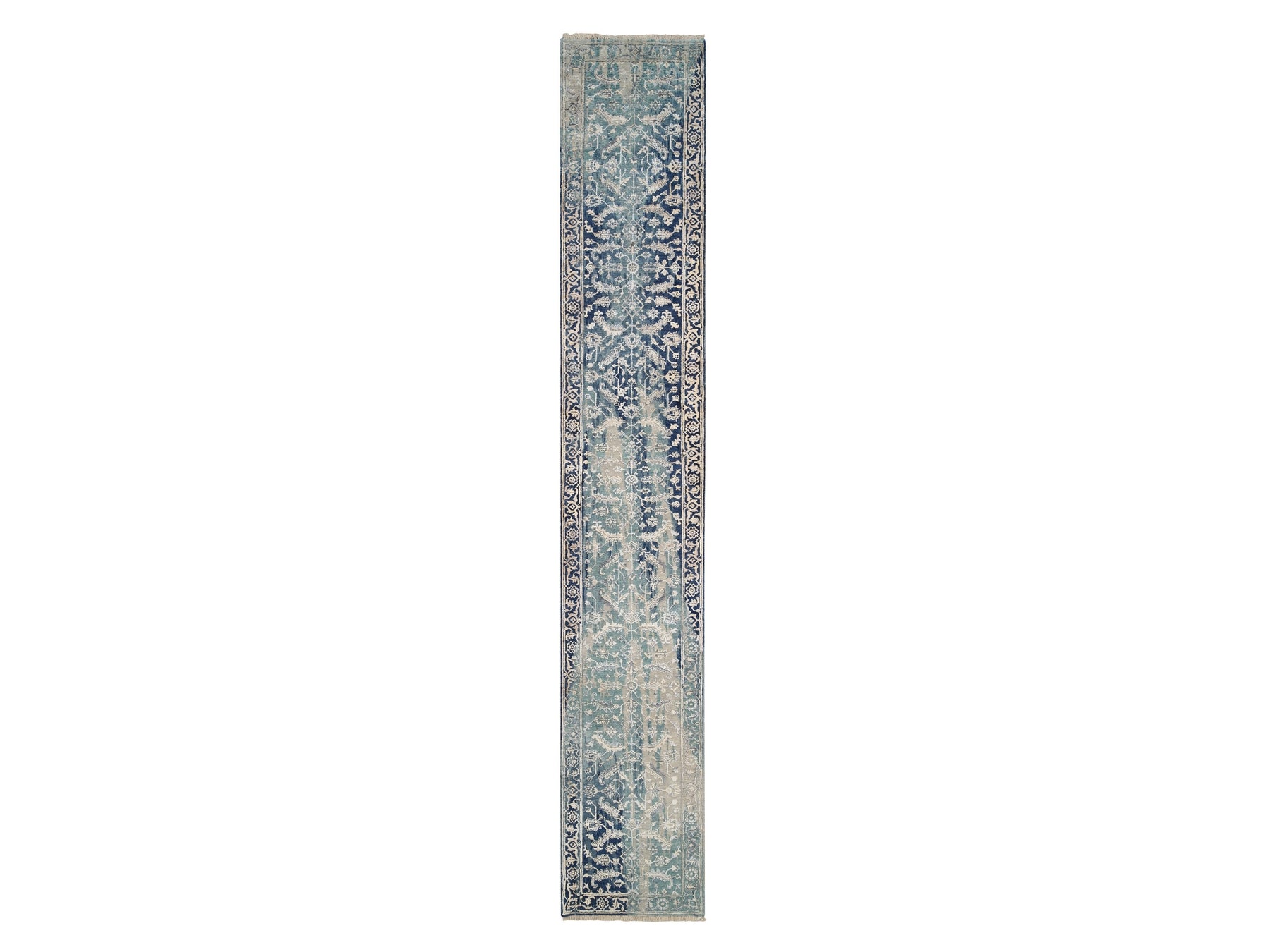 Heriz Transitional hand-knotted wool/silk runner in Teal & Denim Blue, 2'7" x 15'9" — SKU O064367