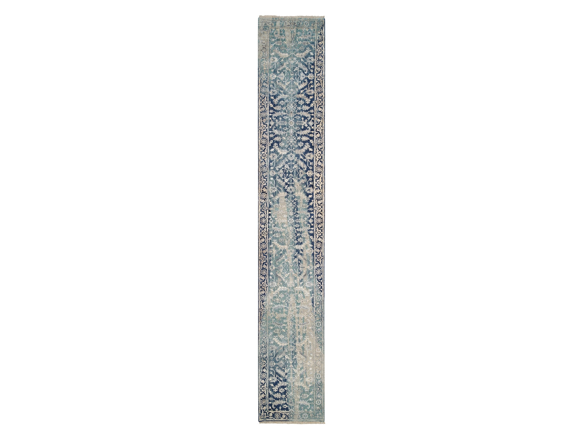 Heriz Transitional hand-knotted wool/silk runner in Teal & Denim Blue, 2'7" x 15'9" — SKU O064367
